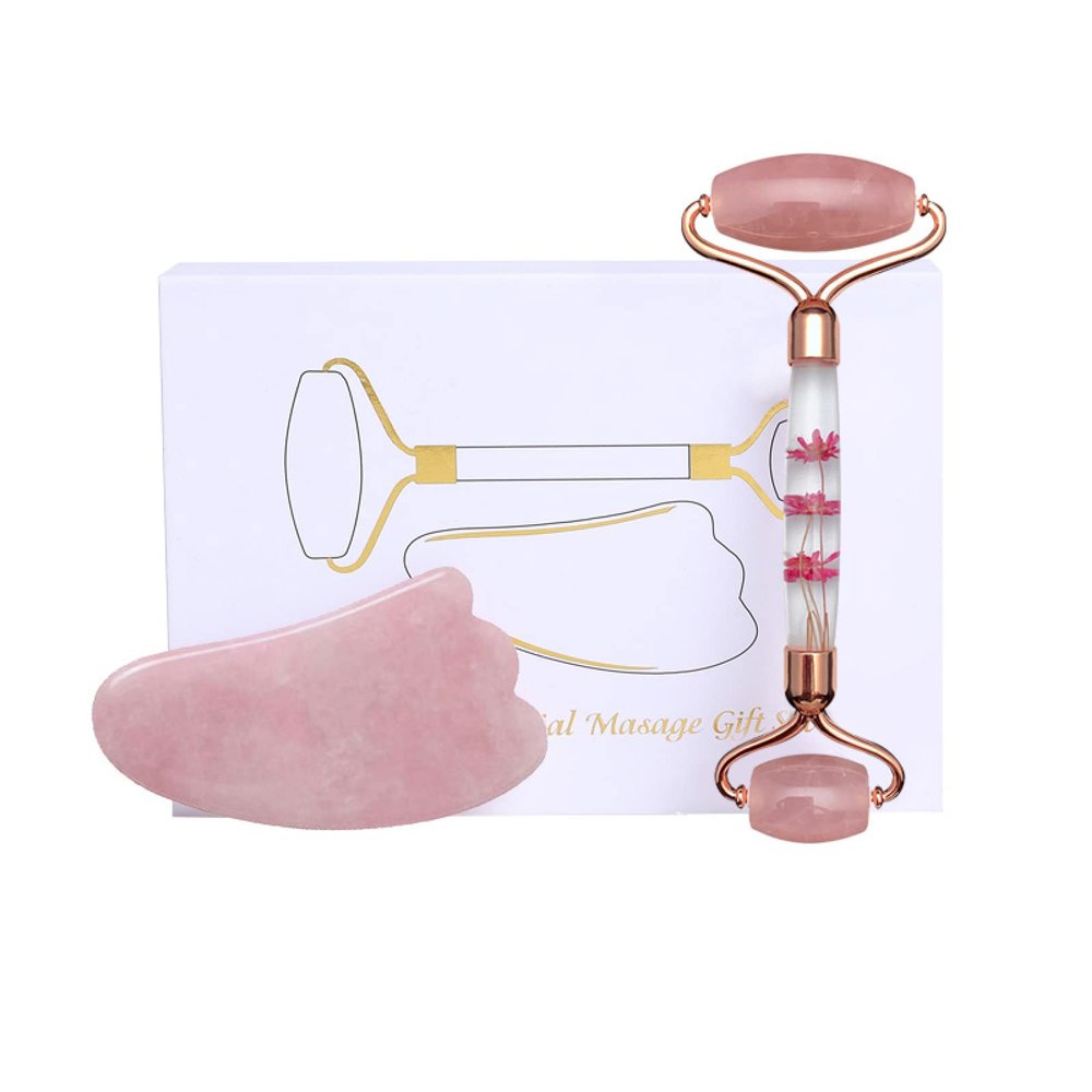 Rose Quartz Jade Roller and Gua Sha Set Face Massager Gouache Natural Jade Stone Skin Care Beauty Tools Box,Type 01
