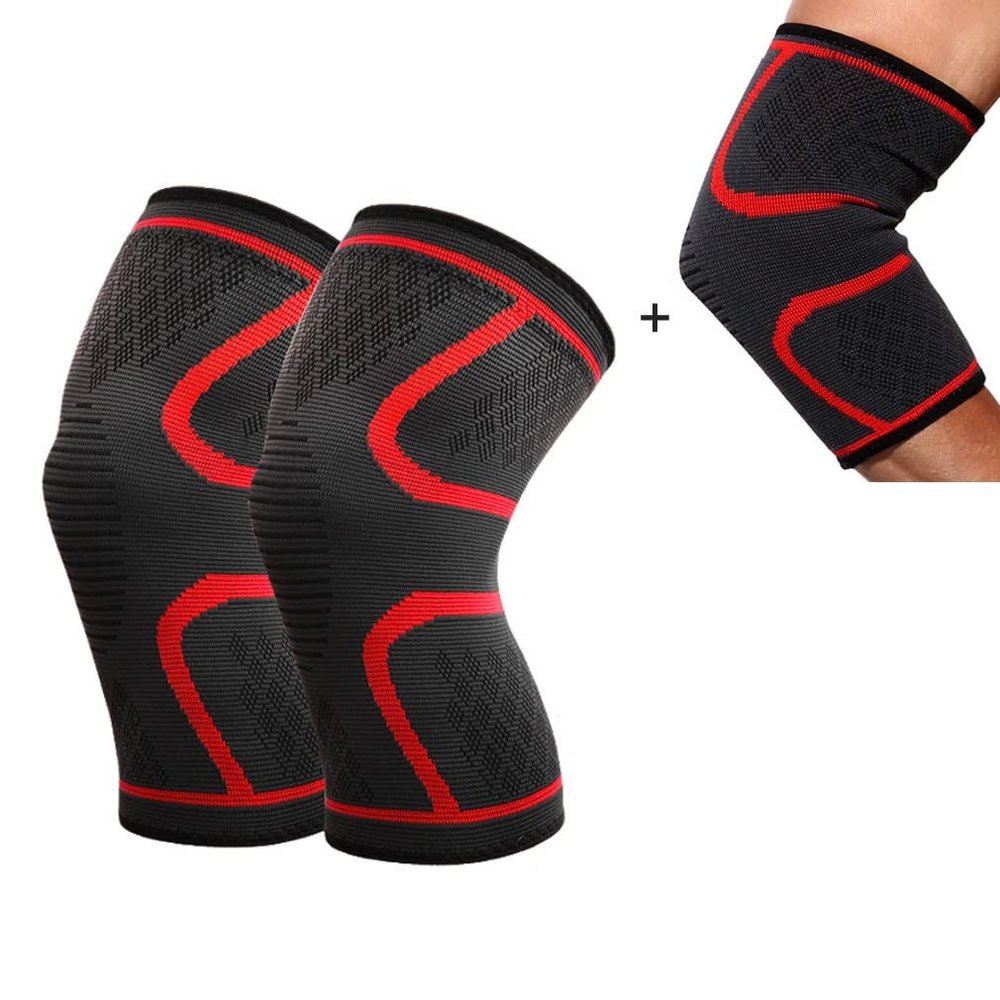 ADLIKES Knee and Elbow Pads Protective Gear Set (4pc) for Cycling Running Volleyball Crashproof Antislip for Youth Adults Red M