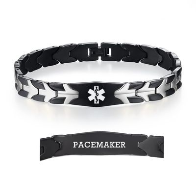 LinnaLove Medical Alert Bracelets for Men Women 8.5 in Stainless Steel Flying Fish Medical Bracelets with Free Engraving (pacemaker-black)