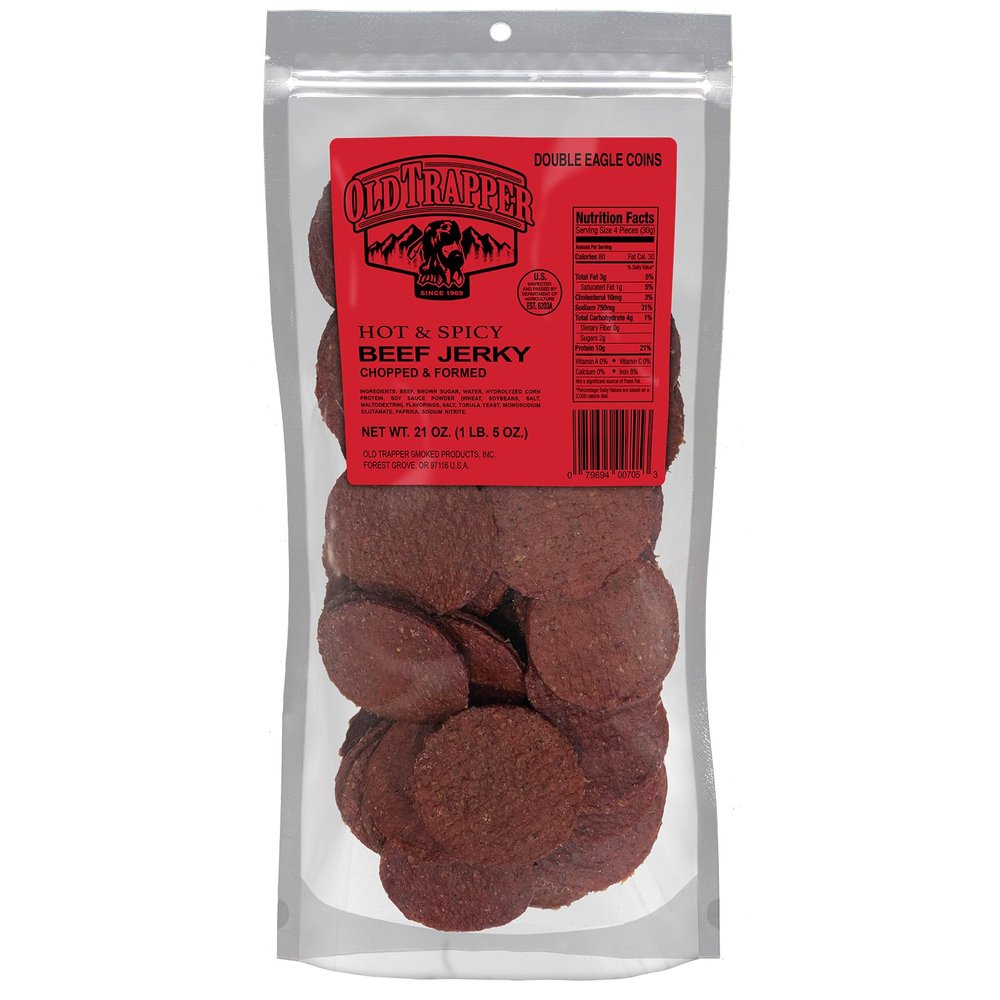 Old Trapper Double Eagle Beef Jerky, Hot & Spicy Flavor, 21 Ounce Package, Natural Wood Smoked Meat Snacks, 10 Grams of Protein and 80 Calories per Serving (Pack of One)
