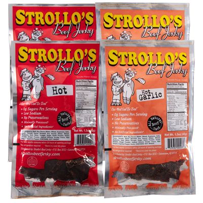 Strollo's Beef Jerky Snack Packs - Hot and Hot Garlic 4 Pack - 1.5oz Each- Low Sodium, Low Sugar, Low Carb - Made with All Natural USA Beef, USDA Certified- 2 of Each Flavor
