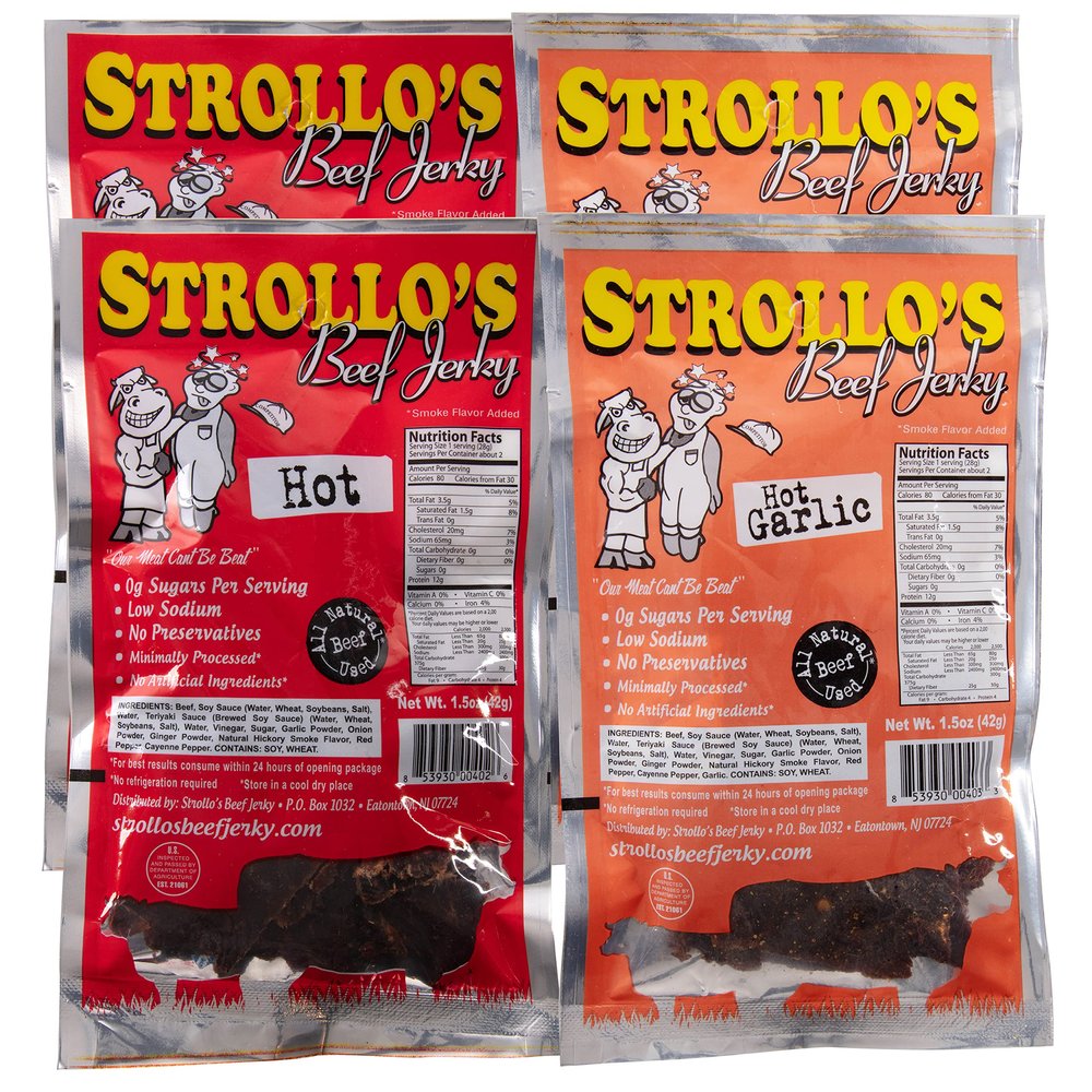 Strollo's Beef Jerky Snack Packs - Hot and Hot Garlic 4 Pack - 1.5oz Each- Low Sodium, Low Sugar, Low Carb - Made with All Natural USA Beef, USDA Certified- 2 of Each Flavor