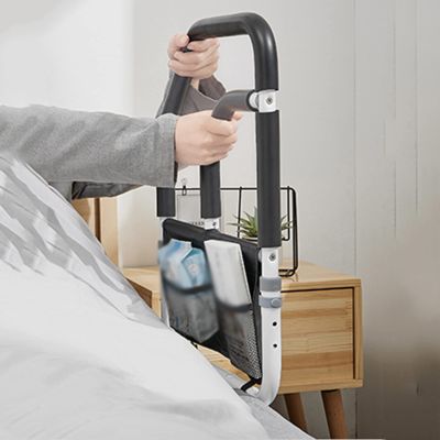 CTVR Bedside Extend Double armrests, Adjustable Safety Standing Assist Grab Bar, Carbon Steel Bed bar with Storage Pocket, Suitable for Disabled, Pregnant Women