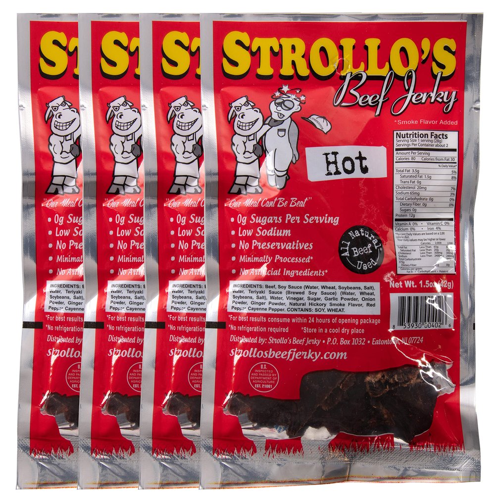 Strollo's Beef Jerky Snack Packs - Hot 4 Pack - 1.5oz Each- Low Sodium, Low Sugar, Low Carb - Made with All Natural USA Beef, USDA Certified