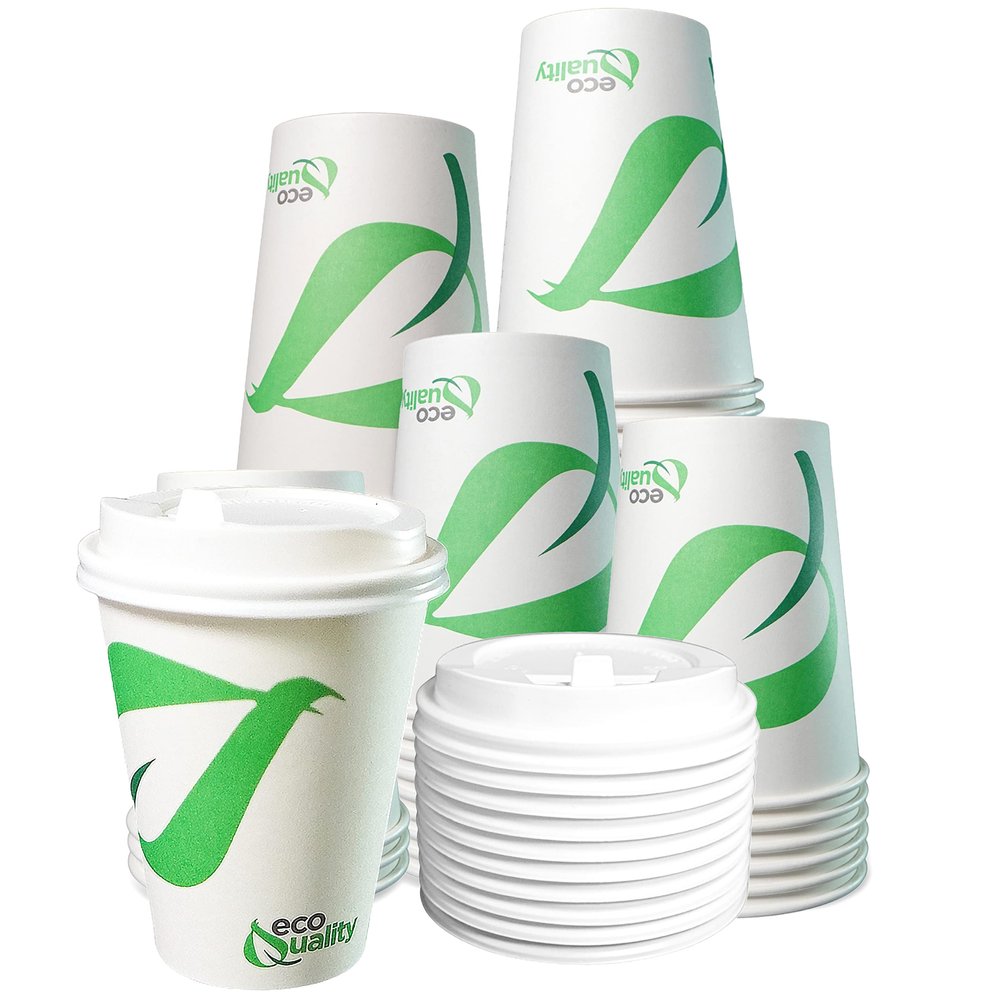 12 oz Compostable Paper Cups with White Dome Lids - Biodegradable Disposable White Paper Coffee Cups PLA Lined - Eco-friendly Hot and Cold Drinking Cups (400)