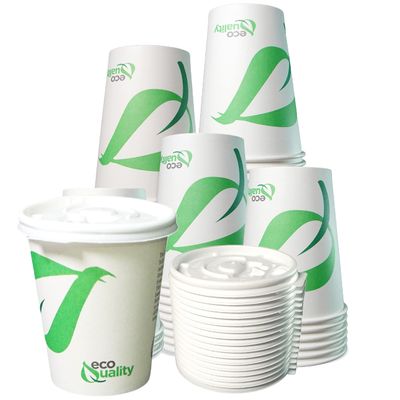 12 oz Compostable Paper Cups with White Flat Lids - Biodegradable Disposable White Paper Coffee Cups PLA Lined - Eco-friendly Hot and Cold Drinking Cups (400)