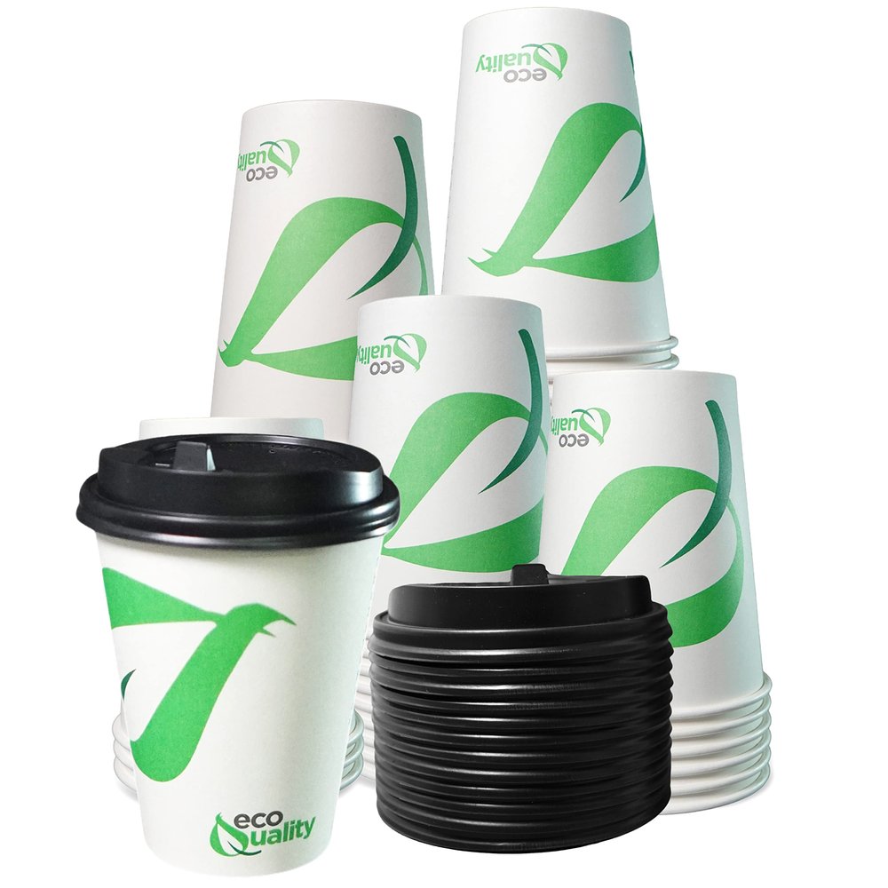 12 oz Compostable Paper Cups with Black Dome Lids - Biodegradable Disposable White Paper Coffee Cups PLA Lined - Eco-friendly Hot and Cold Drinking Cups (200)