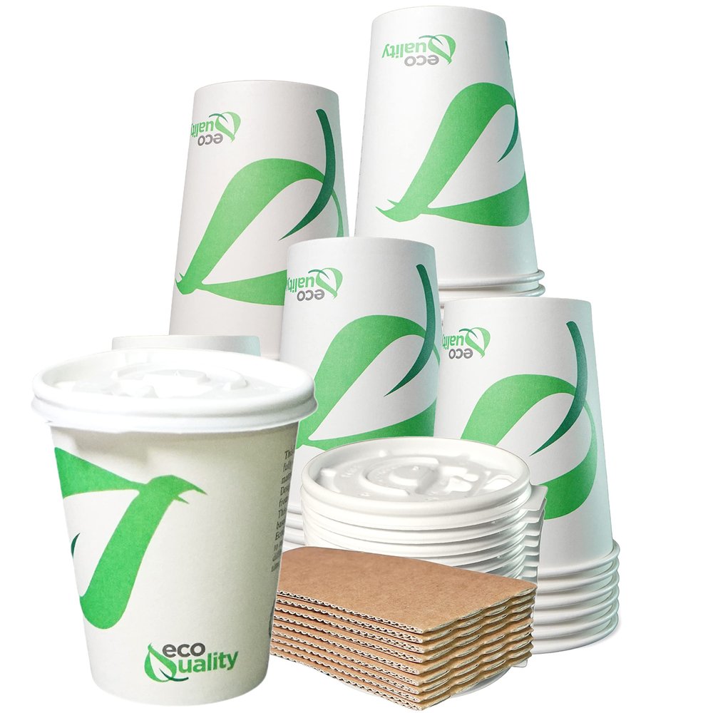 12 oz Compostable Paper Cups with White Flat Lids and Sleeves - Biodegradable Disposable White Paper Coffee Cups PLA Lined - Eco-friendly Hot and Cold Drinking Cups (200)