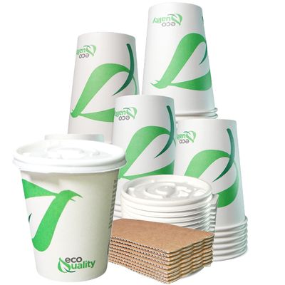 12 oz Compostable Paper Cups with White Flat Lids and Sleeves - Biodegradable Disposable White Paper Coffee Cups PLA Lined - Eco-friendly Hot and Cold Drinking Cups (50)