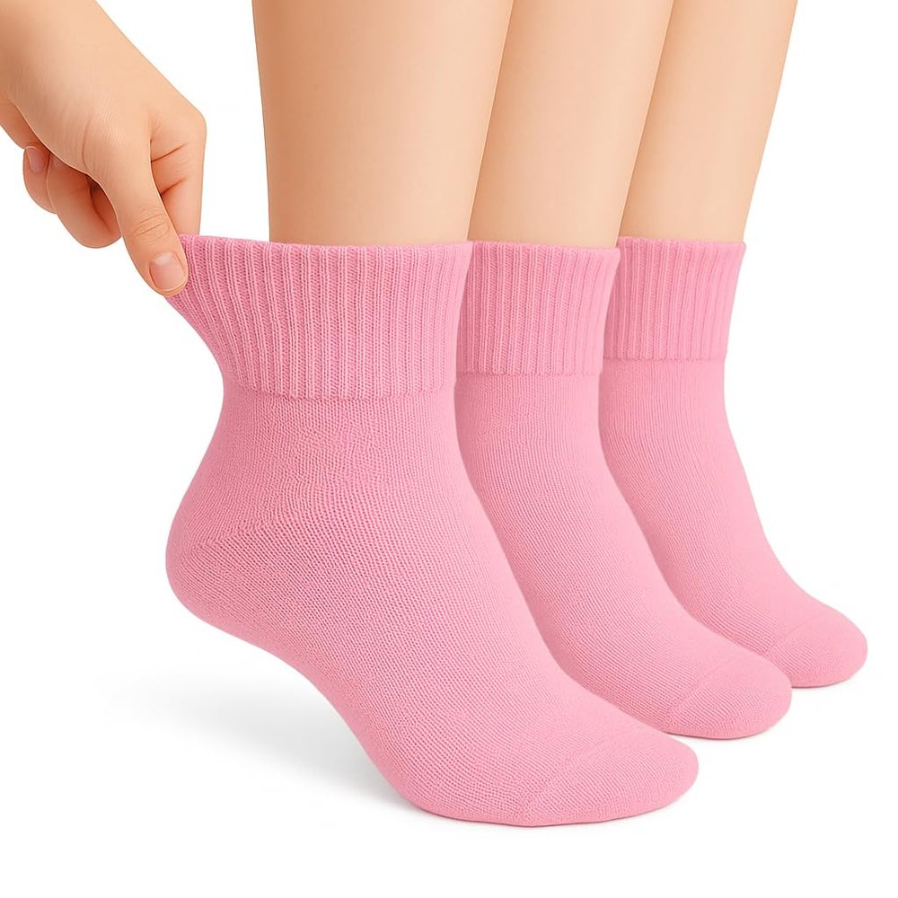 AWS/American Made Womens Diabetic Ankle Socks 3 Pairs  Soft Cotton, Non-Binding Top, Seamless Toe, Shoe Size 9-11 (Pink)
