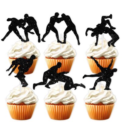 18pcs Glitter Dessert Cupcake Topper Wrestling Theme Decor Supplies Boy Man Wrestler Happy Birthday Party Decorations