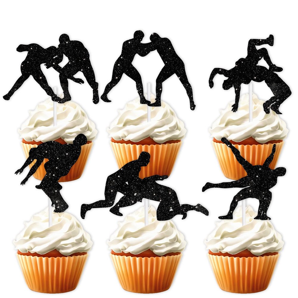 18pcs Glitter Dessert Cupcake Topper Wrestling Theme Decor Supplies Boy Man Wrestler Happy Birthday Party Decorations