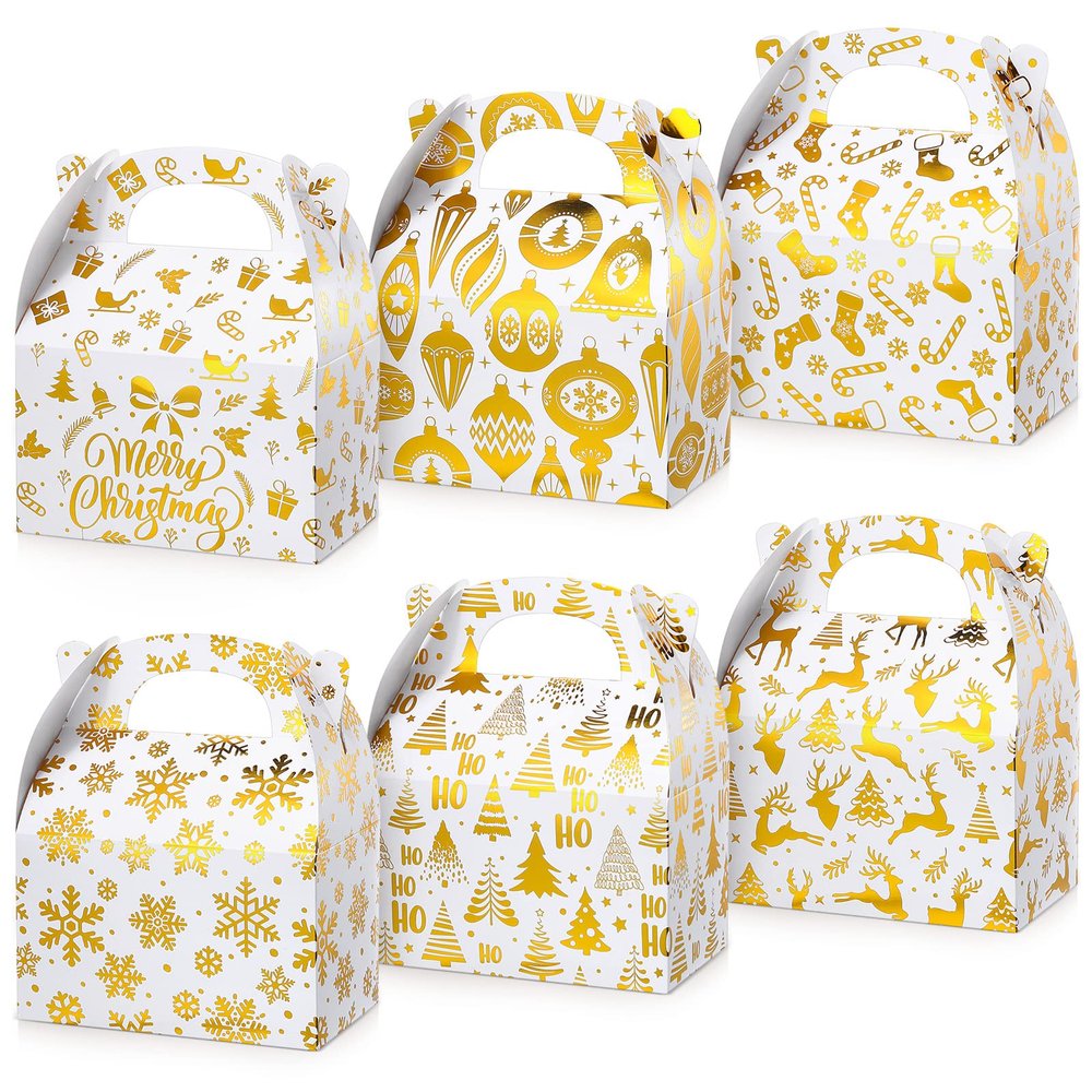 TaoBary 24 Pcs Christmas Goody Candy Boxes Cardboard with Handles 3D Christmas Favor Boxes with Vibrant Print for Party Gifts Candy Chocolate Treats and Cookies Favors (Bronzing Style)