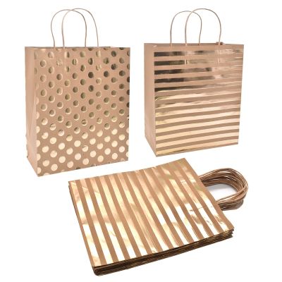 24Pcs 10x12x5" Gold Foil Large Kraft Brown Paper Gift Bags Bulk with Handles,Hotstamp Stripes and Dots,Party Favor/Shopping/Wedding/Retail/Merchandise/Graduation/Takeouts Craft Bags (Brown-2side Foil)
