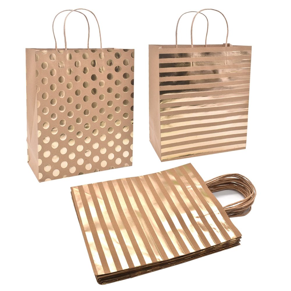 24Pcs 10x12x5" Gold Foil Large Kraft Brown Paper Gift Bags Bulk with Handles,Hotstamp Stripes and Dots,Party Favor/Shopping/Wedding/Retail/Merchandise/Graduation/Takeouts Craft Bags (Brown-2side Foil)