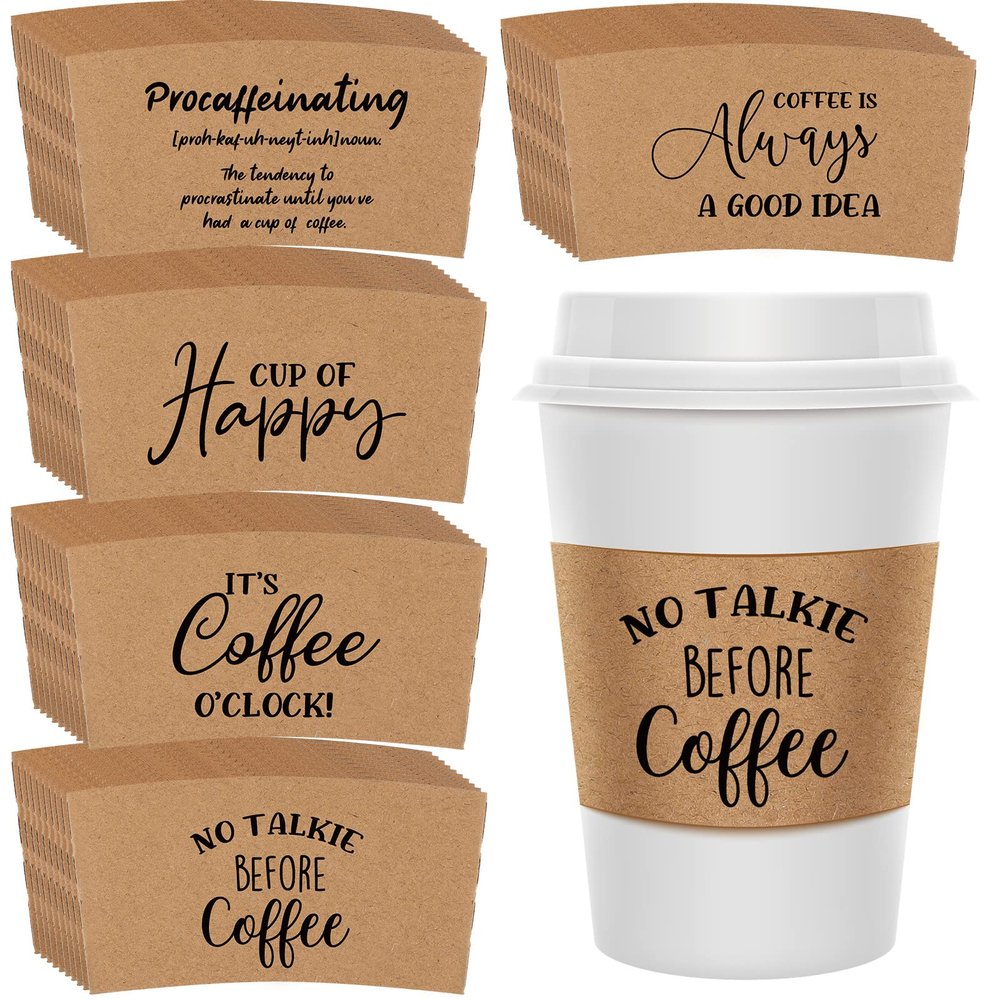 Eaasty 50 Pack Funny Printed Coffee Sleeves Disposable Corrugated Coffee Cup Sleeves 12-20 oz Kraft Paper Cup Heat Insulation Covers for Hot Chocolate Cocoa Tea Cold Beverage