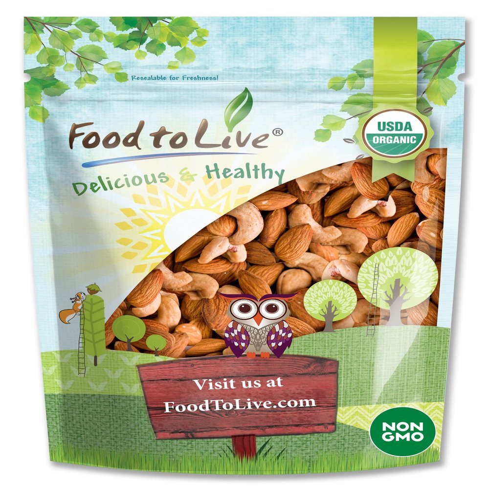 Food to Live Organic Almonds and Cashews Mix, 8 Ounces Oven Roasted Nuts with Himalayan Salt, Non-GMO, Protein Rich Trail Mix, Healthy Vegan Snack, No Oil Added, Kosher Blend, Bulk