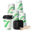 12 oz Compostable Paper Cups with Black Dome Lids and Wooden Stirrers - Biodegradable Disposable White Paper Coffee Cups PLA Lined - Eco-friendly Hot and Cold Drinking Cups (200) view 1