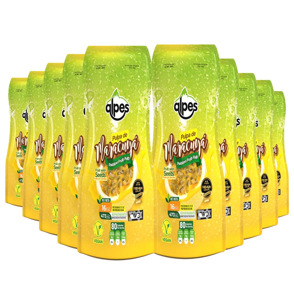 Alpes Passion Fruit Pulp Real Tropical Passion Fruit Maracuja (16 Fl Oz) - Perfect for Cocktails, Juices, Smoothies, Desserts, Sauces, Marinades & More - Premium Quality Exotic Fruit Puree - 10 Packs