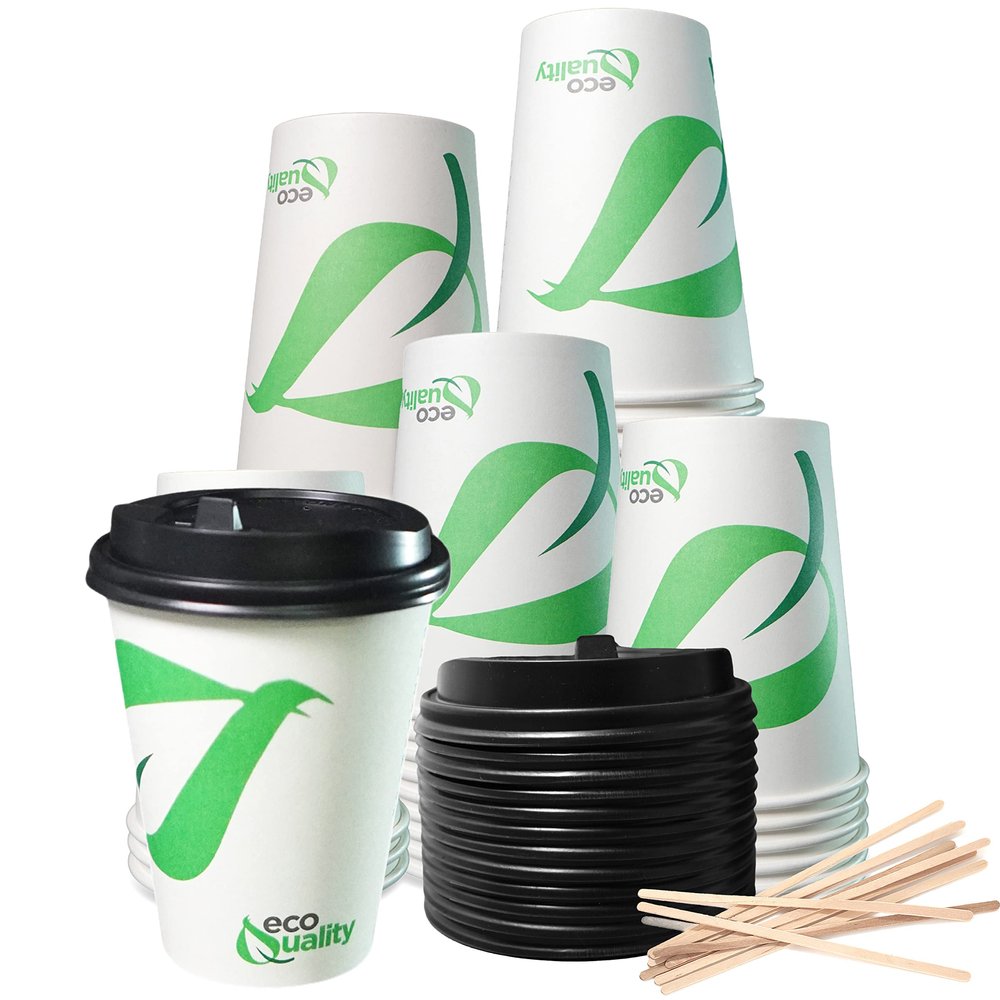 12 oz Compostable Paper Cups with Black Dome Lids and Wooden Stirrers - Biodegradable Disposable White Paper Coffee Cups PLA Lined - Eco-friendly Hot and Cold Drinking Cups (100)