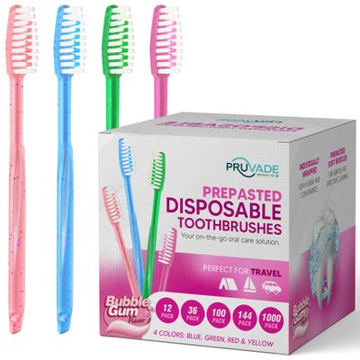 Pruvade 144 Pack Disposable Toothbrushes with Toothpaste Built in - Prepasted Toothbrushes Individually Wrapped - Single Use Waterless Tooth Brush with Soft Bristles - Bubblegum Flavor/Kids