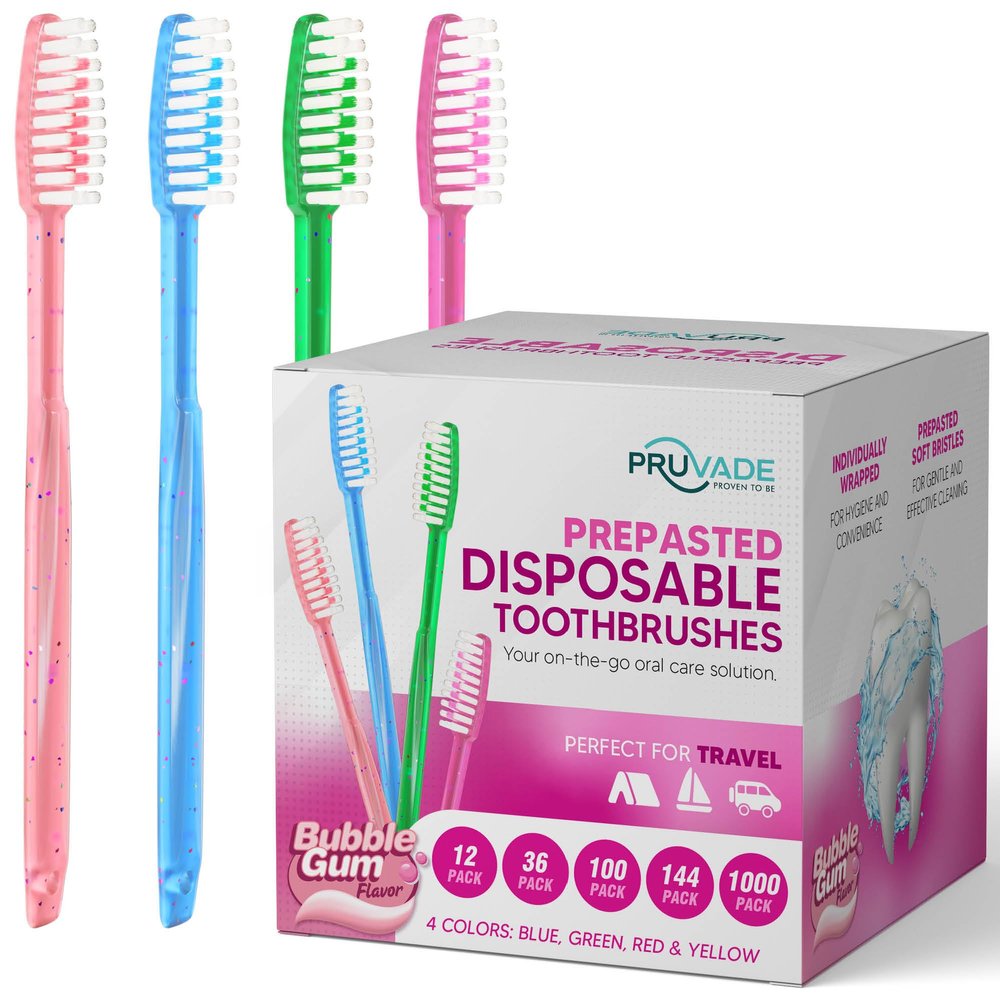 Pruvade 144 Pack Disposable Toothbrushes with Toothpaste Built in - Prepasted Toothbrushes Individually Wrapped - Single Use Waterless Tooth Brush with Soft Bristles - Bubblegum Flavor/Kids