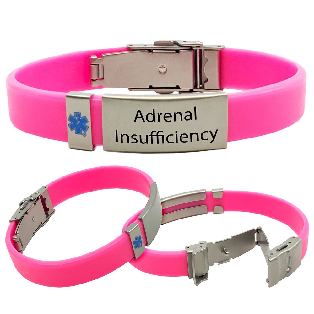 Medical Alert ID Bracelet Adrenal Insufficiency for Men and Women - Silicone ID Wristband - Choose Color and Adjustable Size 5.75" - 9.25" (Pink)