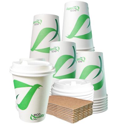 12 oz Compostable Paper Cups with White Dome Lids and Sleeves - Biodegradable Disposable White Paper Coffee Cups PLA Lined - Eco-friendly Hot and Cold Drinking Cups (400)