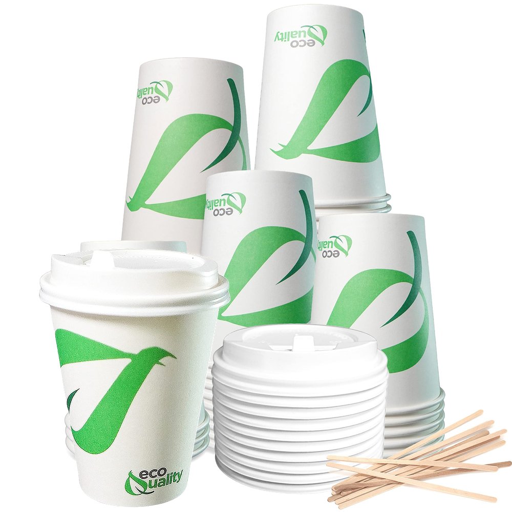 12 oz Compostable Paper Cups with White Dome Lids and Wooden Stirrers - Biodegradable Disposable White Paper Coffee Cups PLA Lined - Eco-friendly Hot and Cold Drinking Cups (1000)