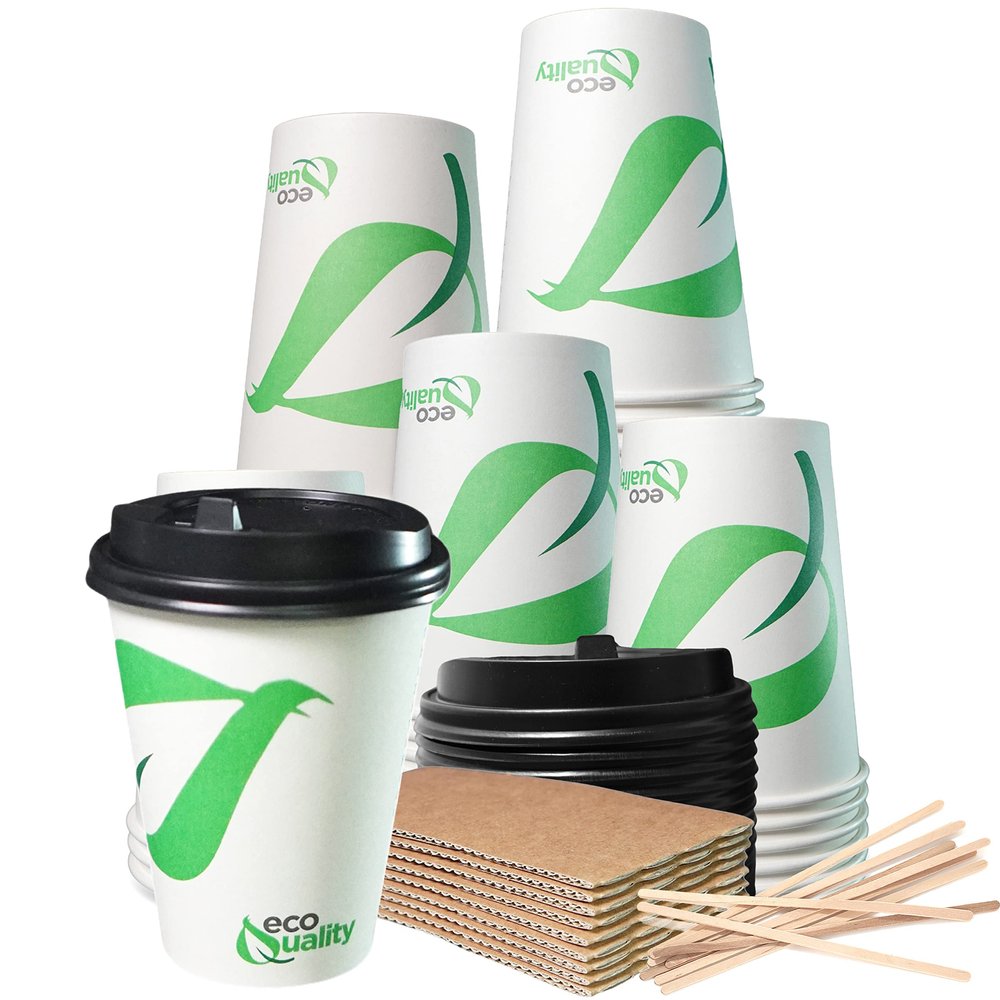 12 oz Compostable Paper Cups with Black Dome Lids, Sleeves and Wooden Stirrers - Biodegradable Disposable White Paper Coffee Cups PLA Lined - Eco-friendly Hot and Cold Drinking Cups (500)