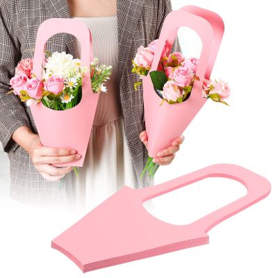 Sabary 24 Pcs Kraft Paper Flower Gift Bags Bouquet Bags with Handle Flowers Wrapping Gift Packaging Wrap Tote for Valentines Florist Wedding Party Home Decoration(Pink)