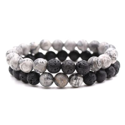 2Pcs Matte Lava Rock Volcanic Stone Beads Stretch Bracelet 8mm Volcanic Rock Aromatherapy Essential oil Diffuser Bracelet Tiger Eye Seed Energy Yoga Bracelet Healing Aromatherapy Jewelry-grey