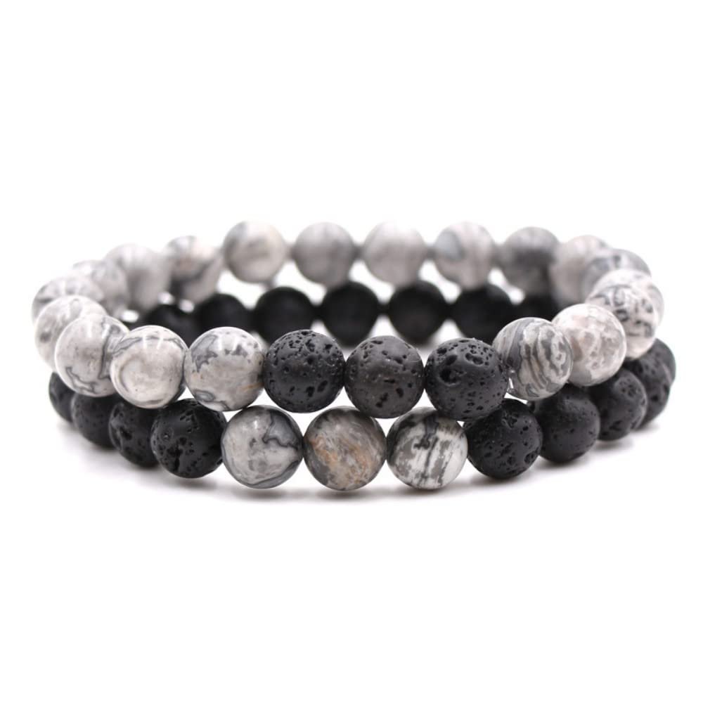 2Pcs Matte Lava Rock Volcanic Stone Beads Stretch Bracelet 8mm Volcanic Rock Aromatherapy Essential oil Diffuser Bracelet Tiger Eye Seed Energy Yoga Bracelet Healing Aromatherapy Jewelry-grey