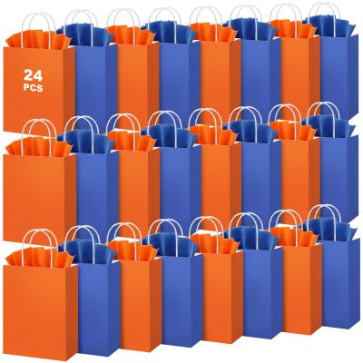 Fumete 24 Pack Kraft Paper Gift Bags with Tissues Papers Colorful Party Favor Bags with Handles for War Party Target Sign Birthday Wedding Baby Shower Supplies(Blue, Orange)