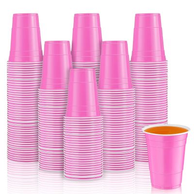 Lounsweer 100 Pack 16 Ounce Plastic Party Cups Heavy Duty Drinking Water Cups for Valentine Carnival St. Patrick's Day Holiday Festival Wedding Birthday Party Supplies(Pink)