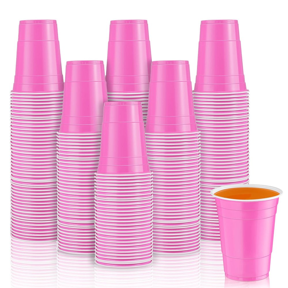 Lounsweer 100 Pack 16 Ounce Plastic Party Cups Heavy Duty Drinking Water Cups for Valentine Carnival St. Patrick's Day Holiday Festival Wedding Birthday Party Supplies(Pink)