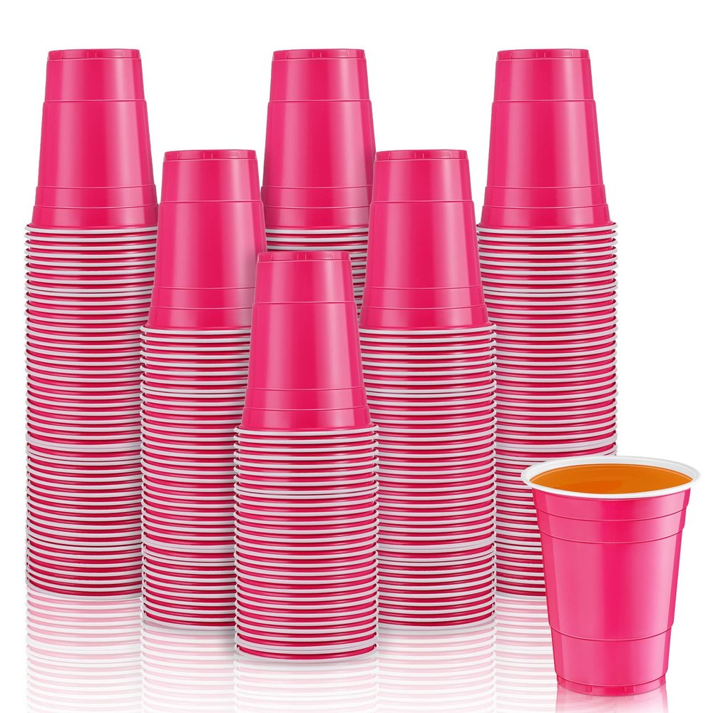 Lounsweer 100 Pack 16 Ounce Plastic Party Cups Heavy Duty Drinking Water Cups for Valentine Carnival St. Patrick's Day Holiday Festival Wedding Birthday Party Supplies(Pink)