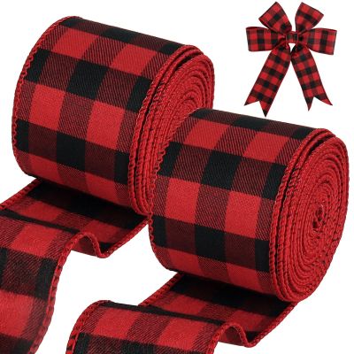 Tenn Well Buffalo Plaid Ribbon, 19.6 Yards 2.5 inch Wired Christmas Ribbon, Orange, Red and Green Plaid Ribbon for Bow Making, Gift Wrapping, Wreath Making, Tree Decoration(2 Roll x 9.8 Yards)