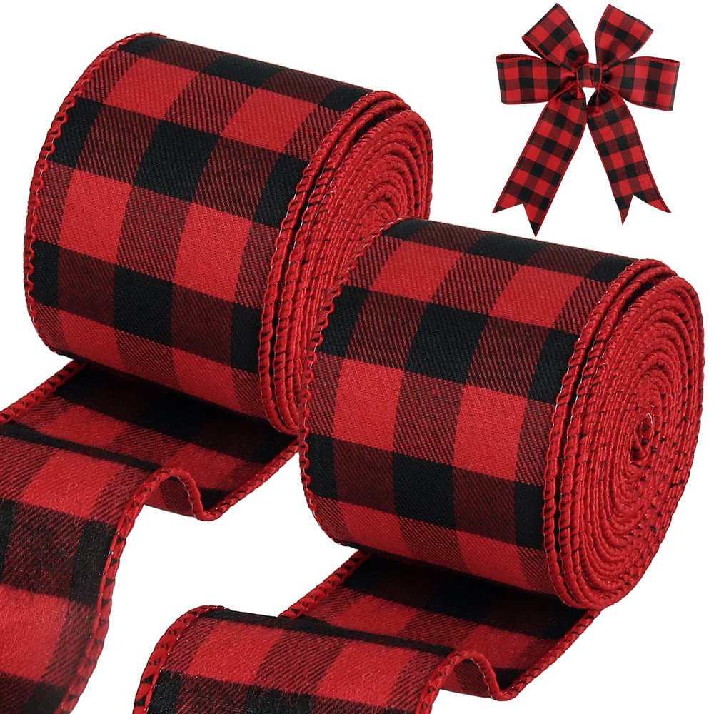 Tenn Well Buffalo Plaid Ribbon, 19.6 Yards 2.5 inch Wired Christmas Ribbon, Orange, Red and Green Plaid Ribbon for Bow Making, Gift Wrapping, Wreath Making, Tree Decoration(2 Roll x 9.8 Yards)