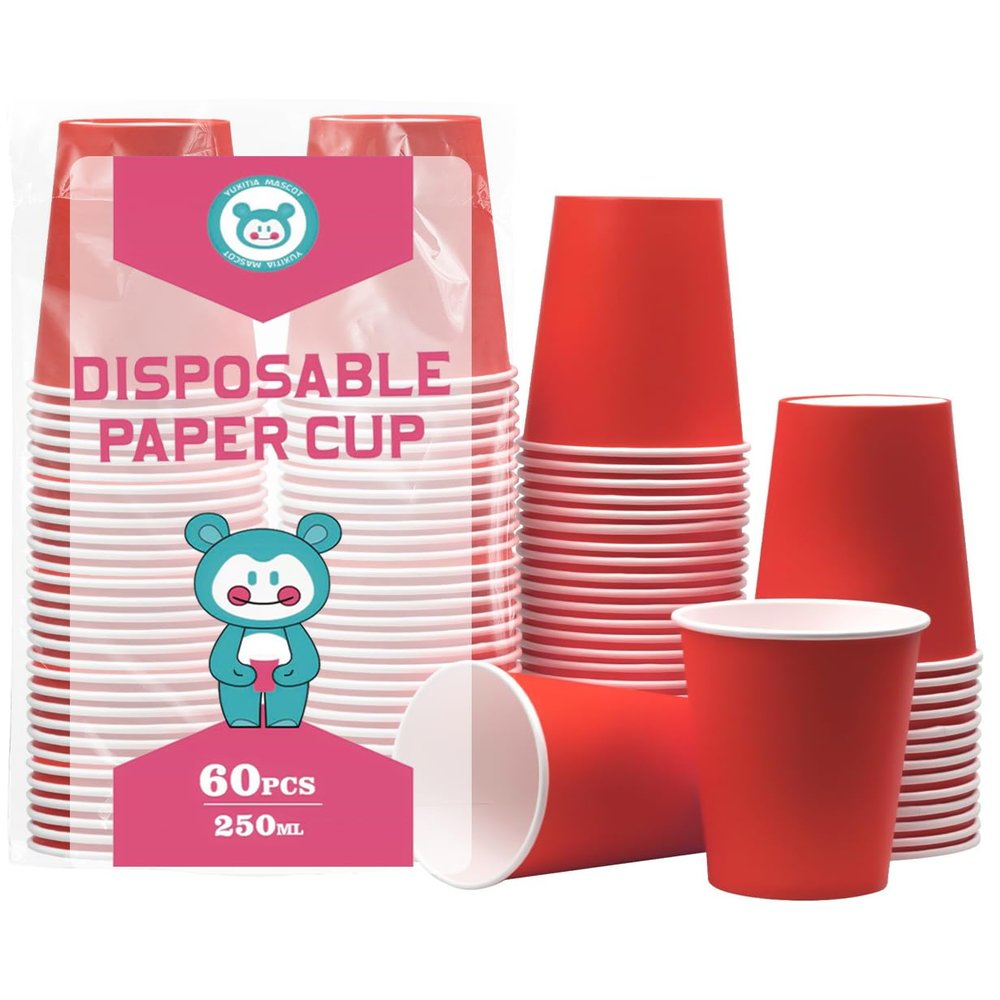 Yuxitia Disposable Paper Cups, 60pcs Red Paper Cups For DIY Wedding Christmas Party Picnic BBQ Travel and Event 8OZ (Red)