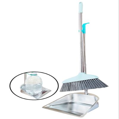 YAYOU Dust Pan and Broom Set for Home, 33.5'' Premium Quality Heavy Duty Stainless Steel Dustpan with Long Handled, Elegant Stand Up Design, Sturdy Dustpans Home/ Lobby/ Shop/ Office, Broom, Silver