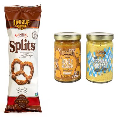 Unique Snacks Bundle Pack, 6 Pack Original Splits, 1 Pack German Mustard and 1 Pack Honey Mustard