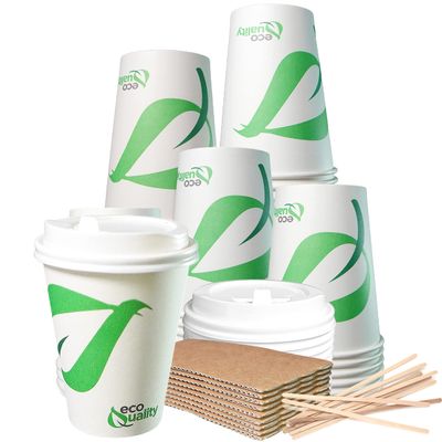 12 oz Compostable Paper Cups with White Dome Lids, Sleeves and Wooden Stirrers - Biodegradable Disposable White Paper Coffee Cups PLA Lined - Eco-friendly Hot and Cold Drinking Cups (200)
