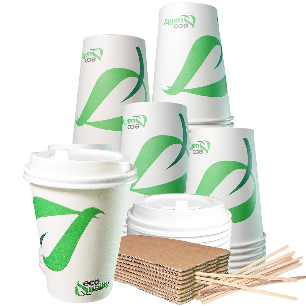 12 oz Compostable Paper Cups with White Dome Lids, Sleeves and Wooden Stirrers - Biodegradable Disposable White Paper Coffee Cups PLA Lined - Eco-friendly Hot and Cold Drinking Cups (1000)
