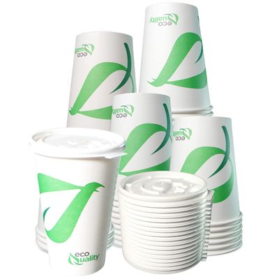 16 oz Compostable Paper Cups with White Flat Lids - Biodegradable Disposable White Paper Coffee Cups PLA Lined - Eco-friendly Hot and Cold Drinking Cups (400)