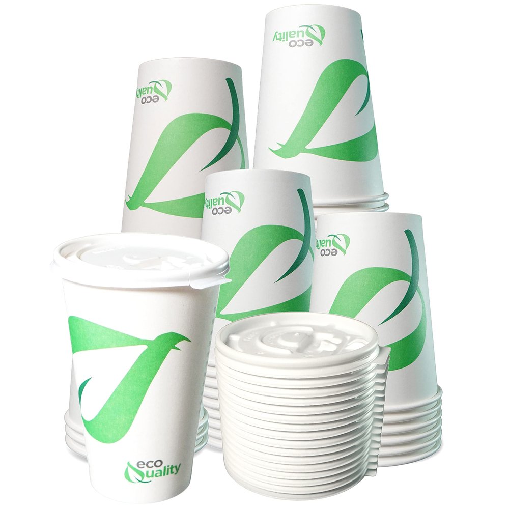 16 oz Compostable Paper Cups with White Flat Lids - Biodegradable Disposable White Paper Coffee Cups PLA Lined - Eco-friendly Hot and Cold Drinking Cups (400)