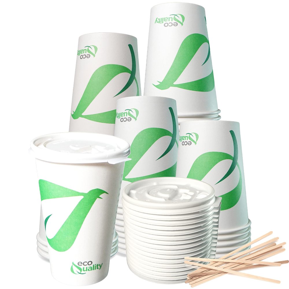 16 oz Compostable Paper Cups with White Flat Lids and Wooden Stirrers - Biodegradable Disposable White Paper Coffee Cups PLA Lined - Eco-friendly Hot and Cold Drinking Cups (500)