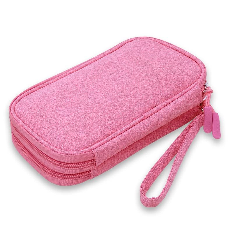 Double Layer Diabetic Supplies Organizer Bag Travel Case with Hand Strap for Insulin Pen, Test Straps, Lancets, Blood Glucose Meters, Lancing Device, Syringe, Needle, Vials (7.3" * 3.8", Pink)