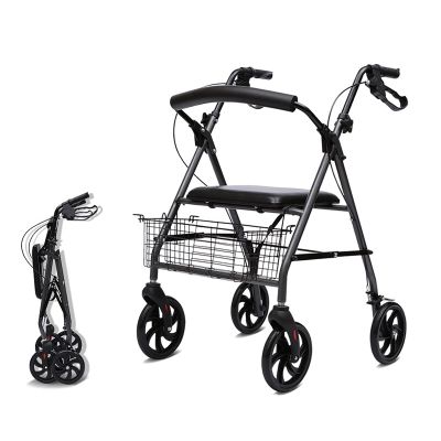 AoForce Upright Walker for Seniors - Bariatric Rollator with Seat, Armrest, and Bag Basket, Folding Rolling Walker, Steel Rollator with 8 Inch Wheels, Adjustable Arms, Supports 300 Lbs,Black