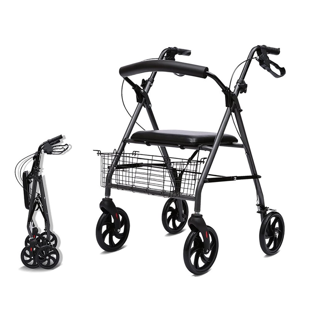 AoForce Upright Walker for Seniors - Bariatric Rollator with Seat, Armrest, and Bag Basket, Folding Rolling Walker, Steel Rollator with 8 Inch Wheels, Adjustable Arms, Supports 300 Lbs,Black